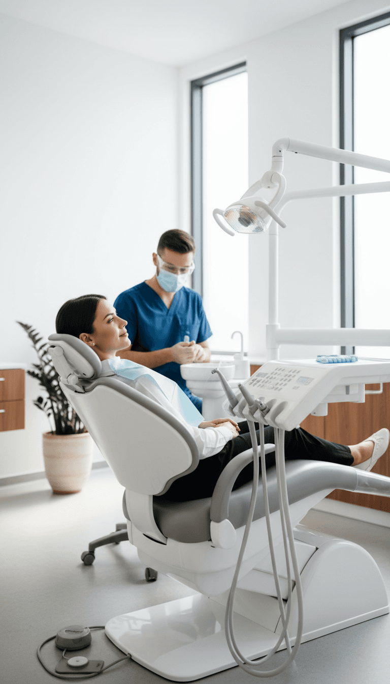 Dentist consulting with patient using digital smile design on tablet