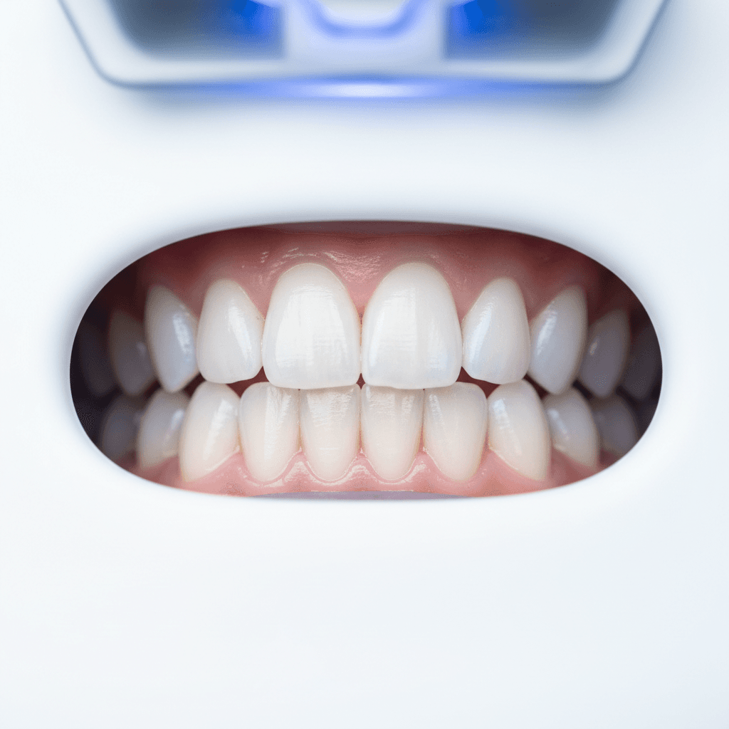 Extreme close-up of patient's bright white smile during professional teeth whitening treatment with LED light technology