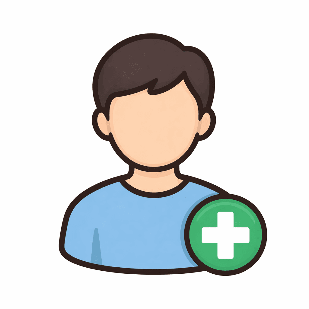 Cartoon avatar of a person with brown hair and blue shirt with green plus sign.