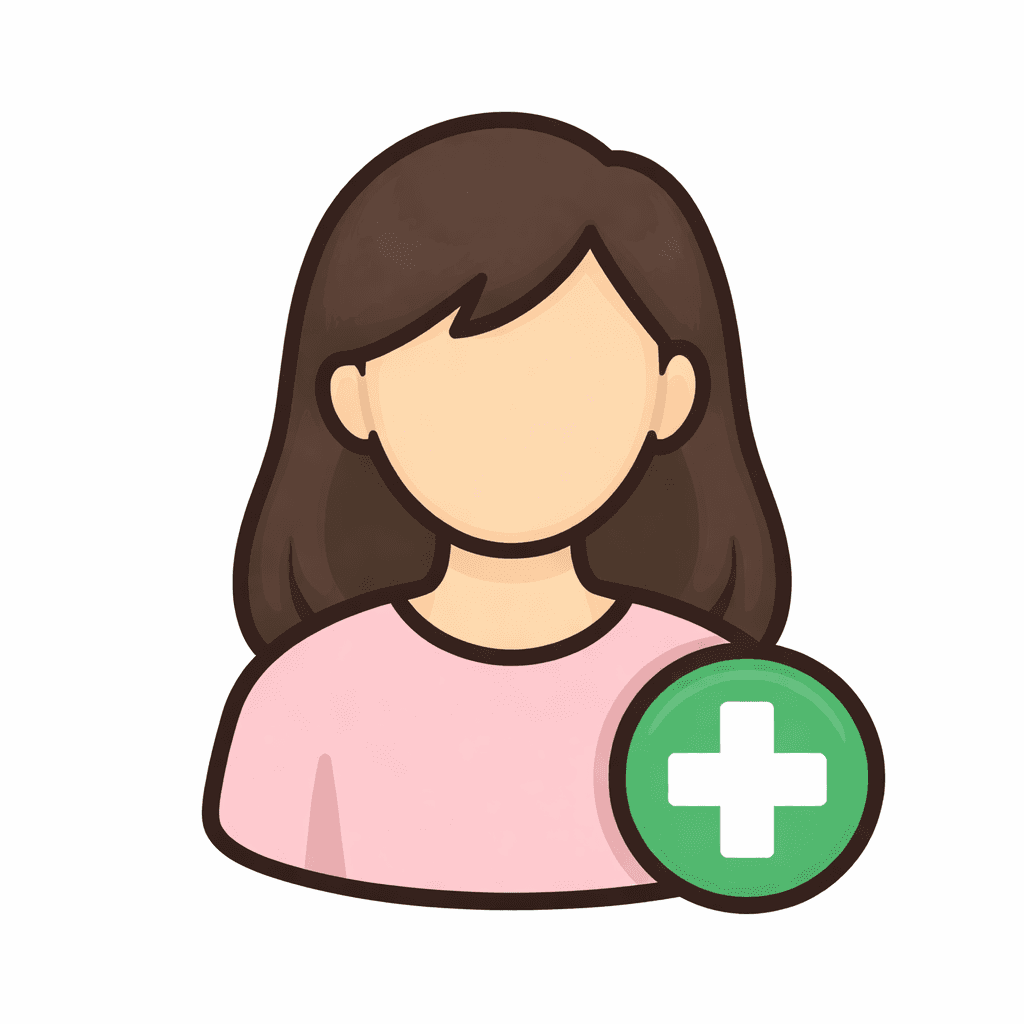 Stylized female user profile icon with brown hair and a green plus sign button.