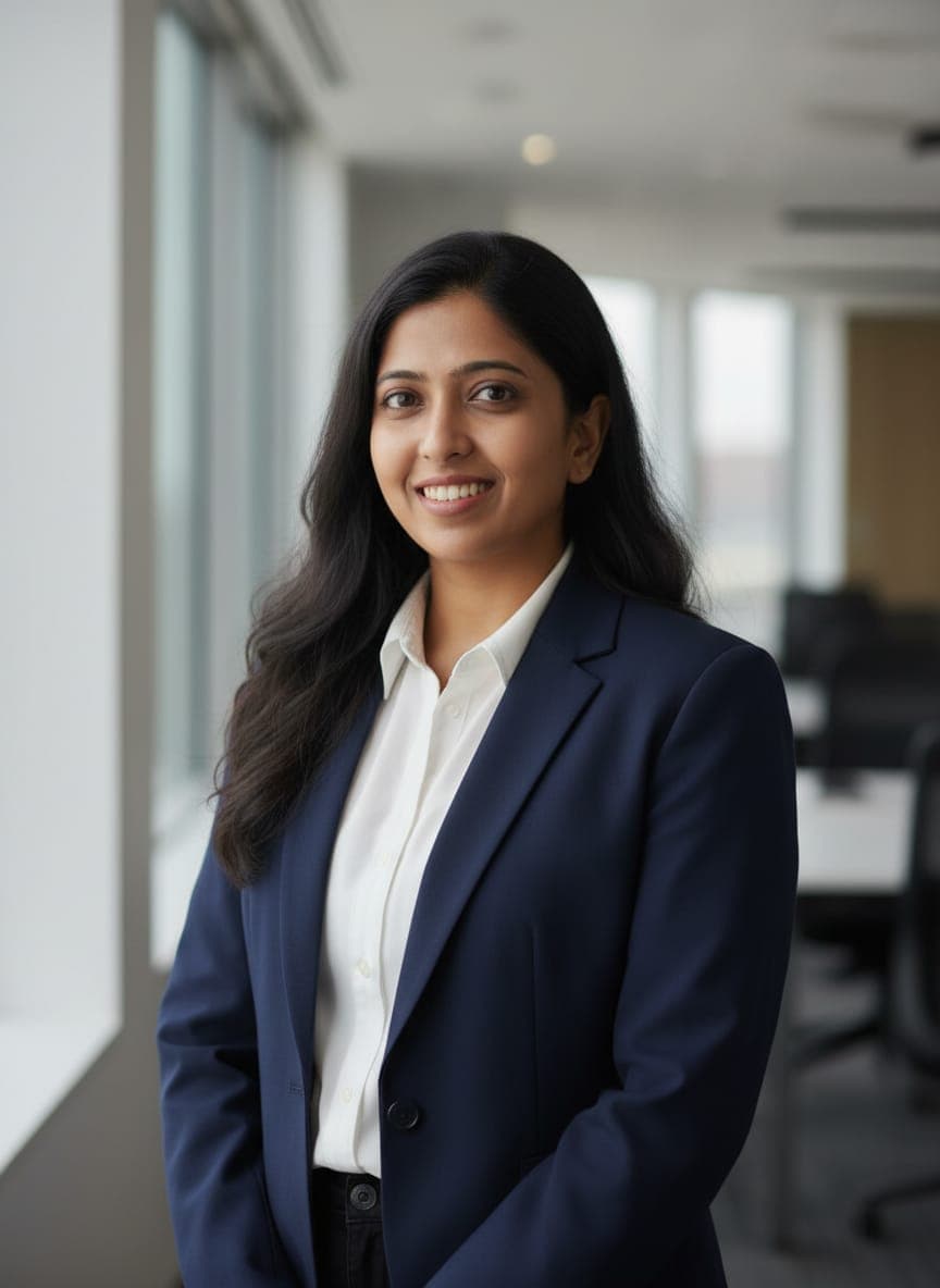 Smiling South Asian woman wearing a navy blazer and white shirt in an office.